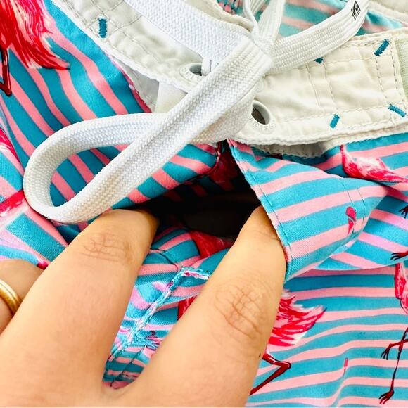 MENS 69 SLAM Blue White Striped Flamingo Print Swimsuit Swim Trunks Shorts 34 L - Picture 8 of 9